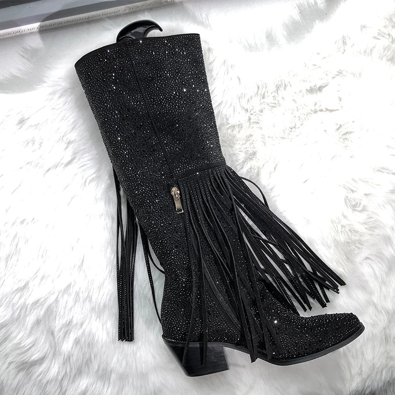 Fringe Wide Calf  Pointed Toe Block Heel Slip On Knee High Boots