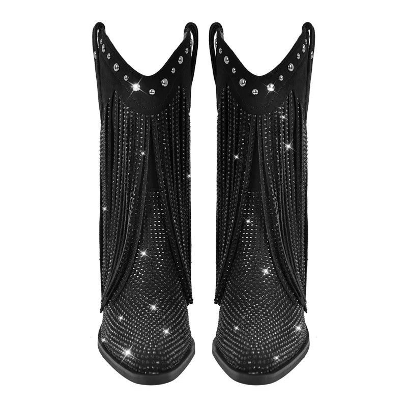 Pointed Toe Rhinestone Bling Pointed Toe Fringe Mid Boots