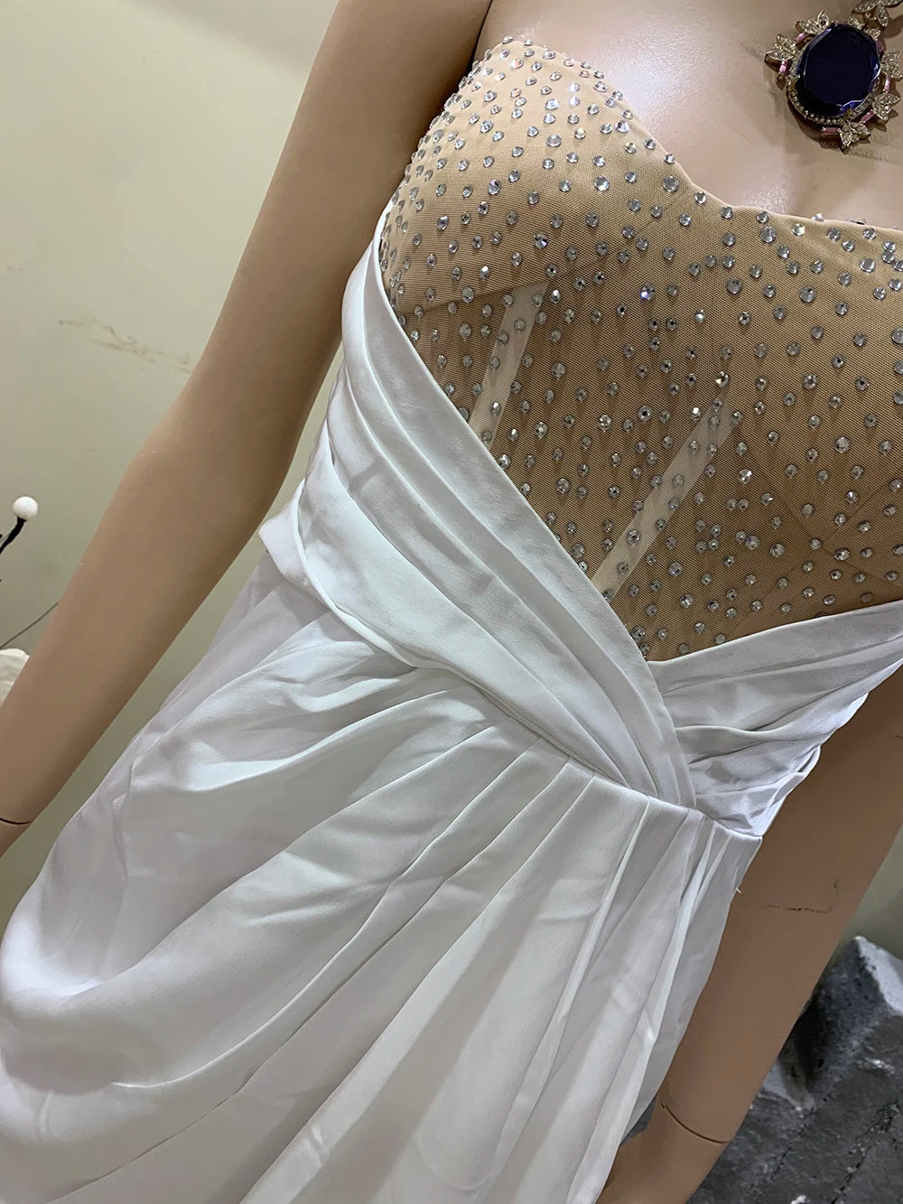 Diamond Tight Bra Strapless Draping Pleated High Split Maxi Dress