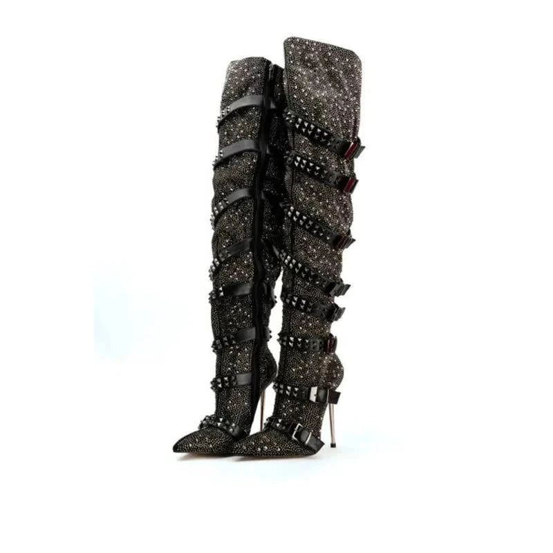 Rhinestone Rivet Buckle Strap Thigh High Heel Over The Knee Boots