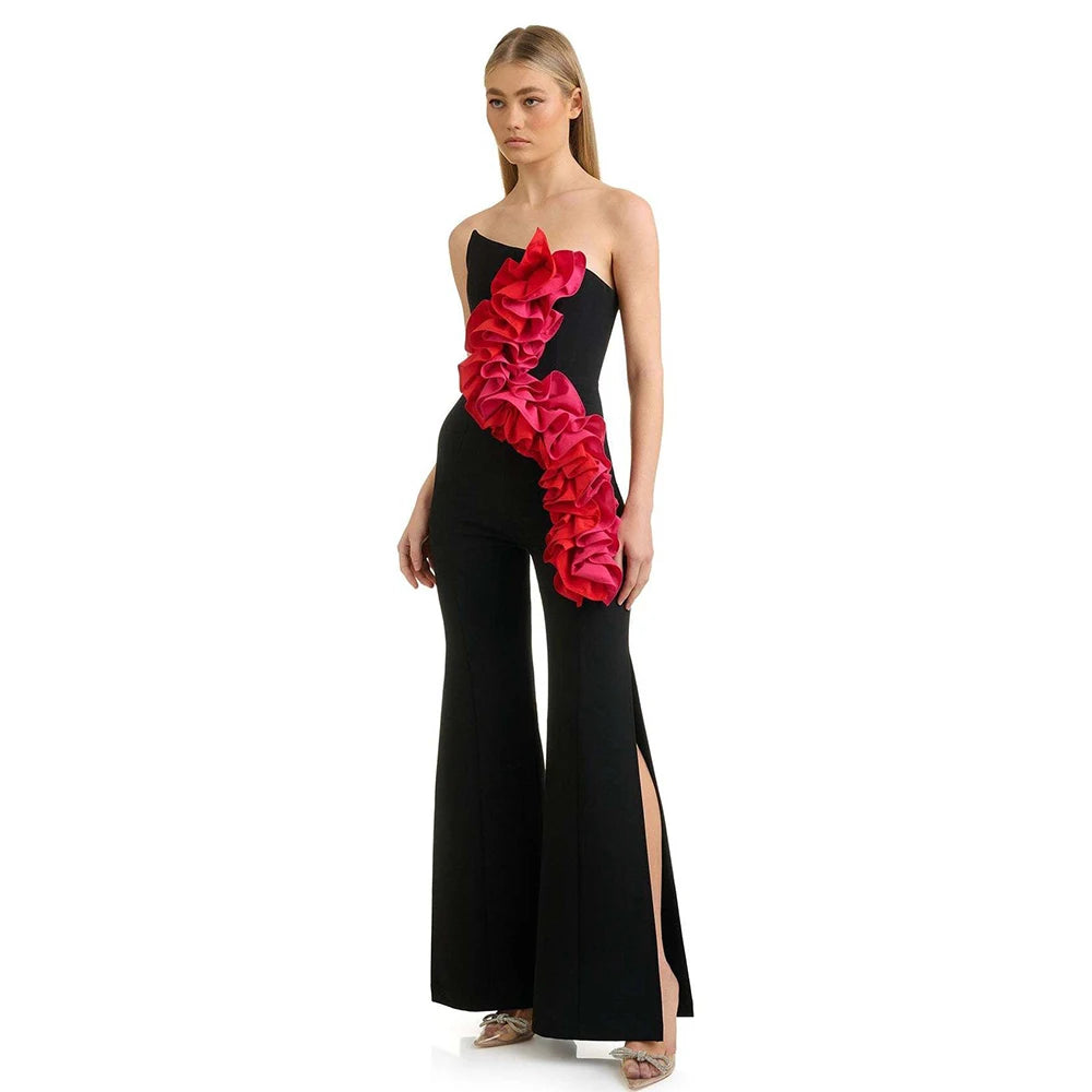 Ruffle Edge Without Shoulder Straps High Waist Wide Leg Bandage jumpsuit