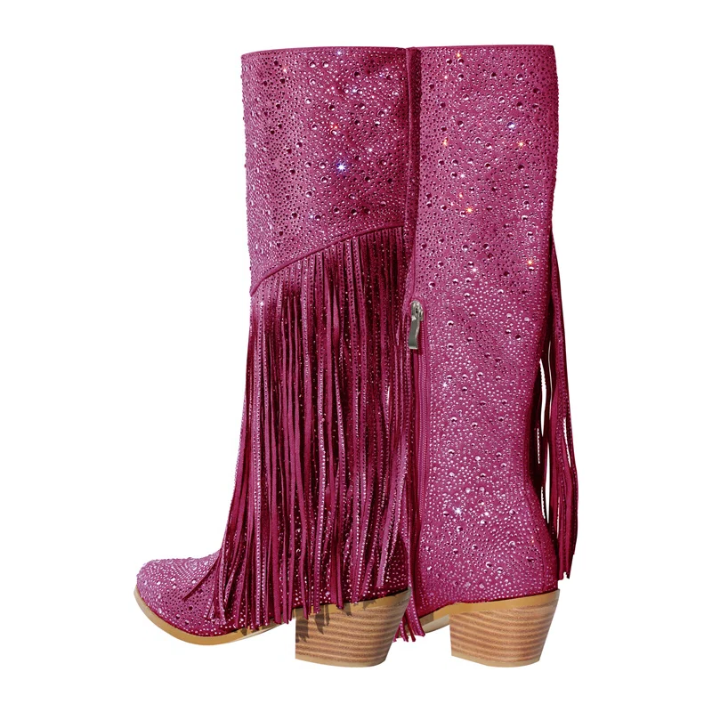 Fringe Wide Calf  Pointed Toe Block Heel Slip On Knee High Boots