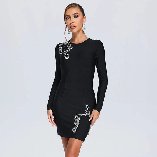 Long sleeved Luxury Diamond Tight Bandage Mini Dress