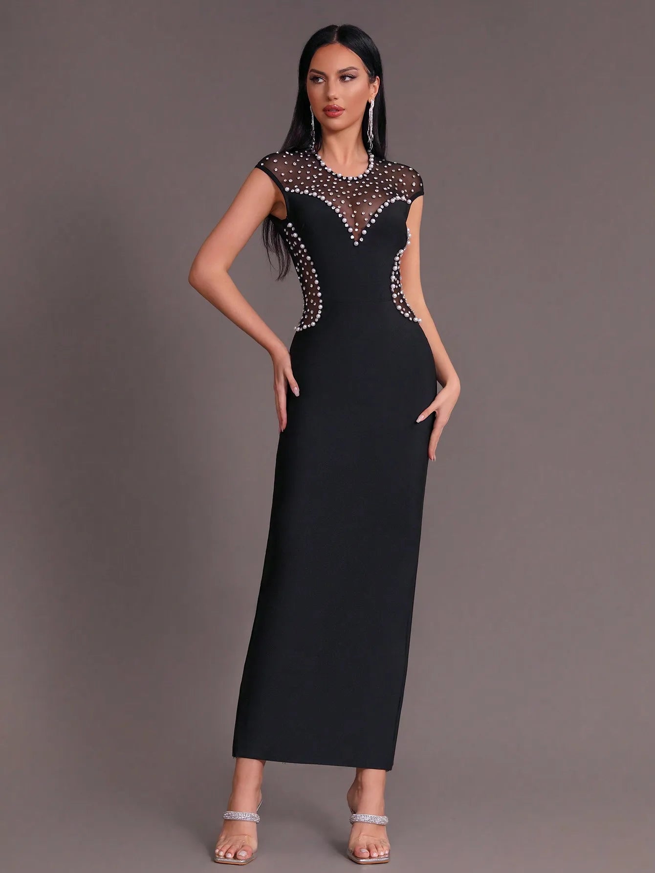 Sleeveless Backless Diamond Pearl Mesh Tight Maxi Bandage Dress