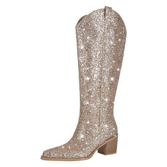 Bling Shiny Pointed Toe Block Knee High Boots