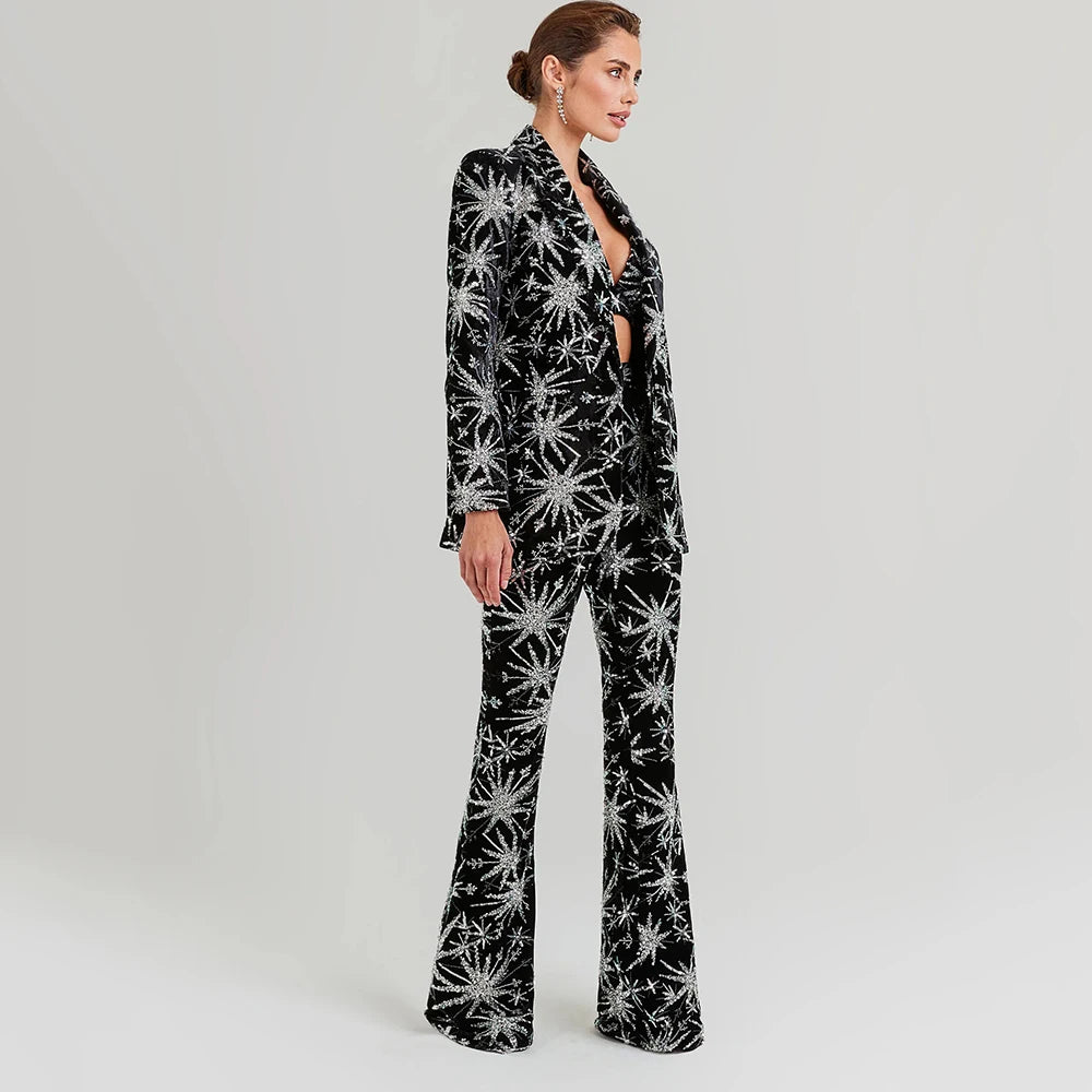 Sequin Print Turn-down Collar Single Button Blazer & Wide Leg Trouser Set