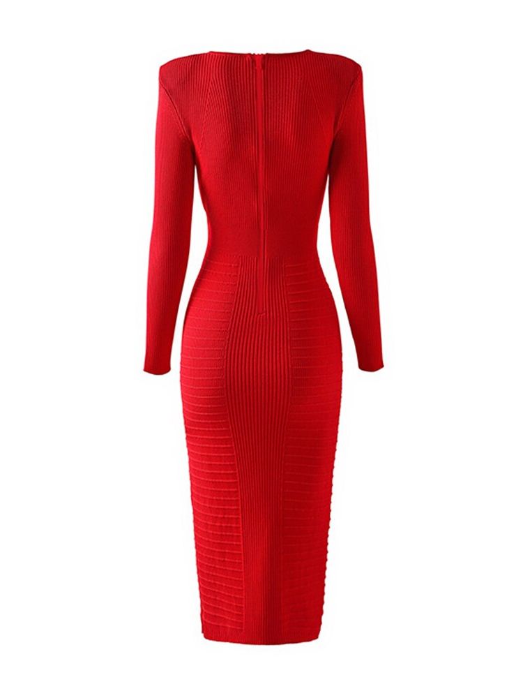 Deep V-Neck Knitted Long Sleeve Tight Maxi Dress