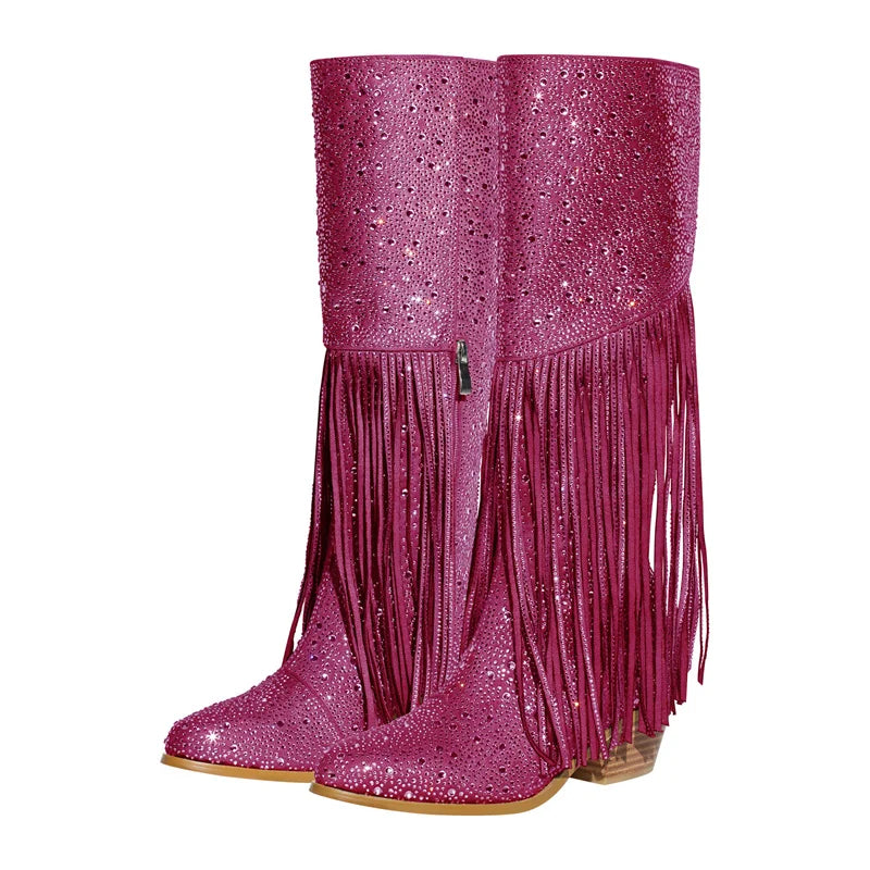 Fringe Wide Calf  Pointed Toe Block Heel Slip On Knee High Boots