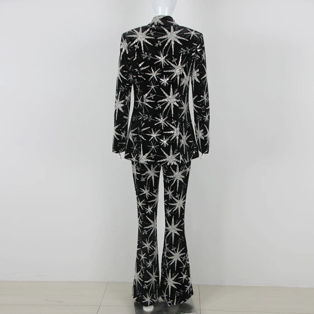 Sequin Print Turn-down Collar Single Button Blazer & Wide Leg Trouser Set