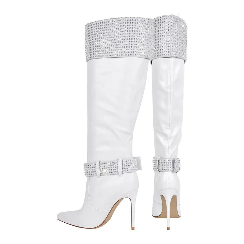 Rhinestone Pointed Toe Buckle Strap Knee High Boots