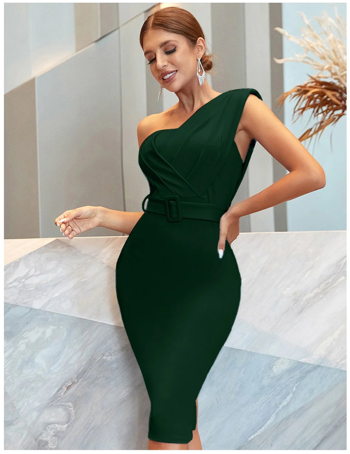 One Shoulder Buckle Belted Sleeveless Bandage Mid Dress