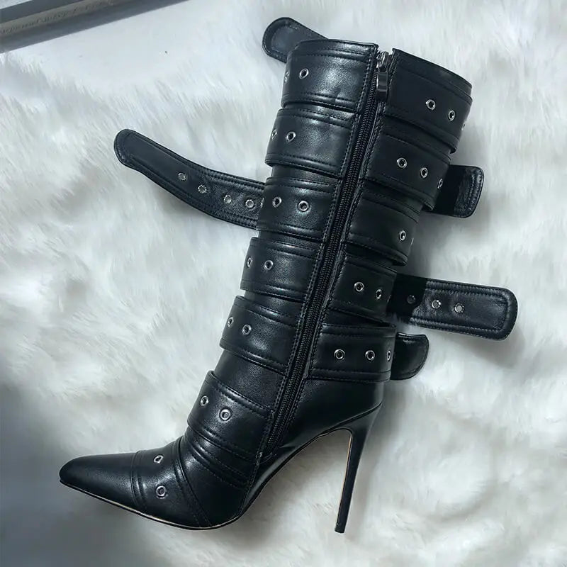 Multiple Buckle Strap Thin High Heel Zipper Side Pointed Toe Mid Boots