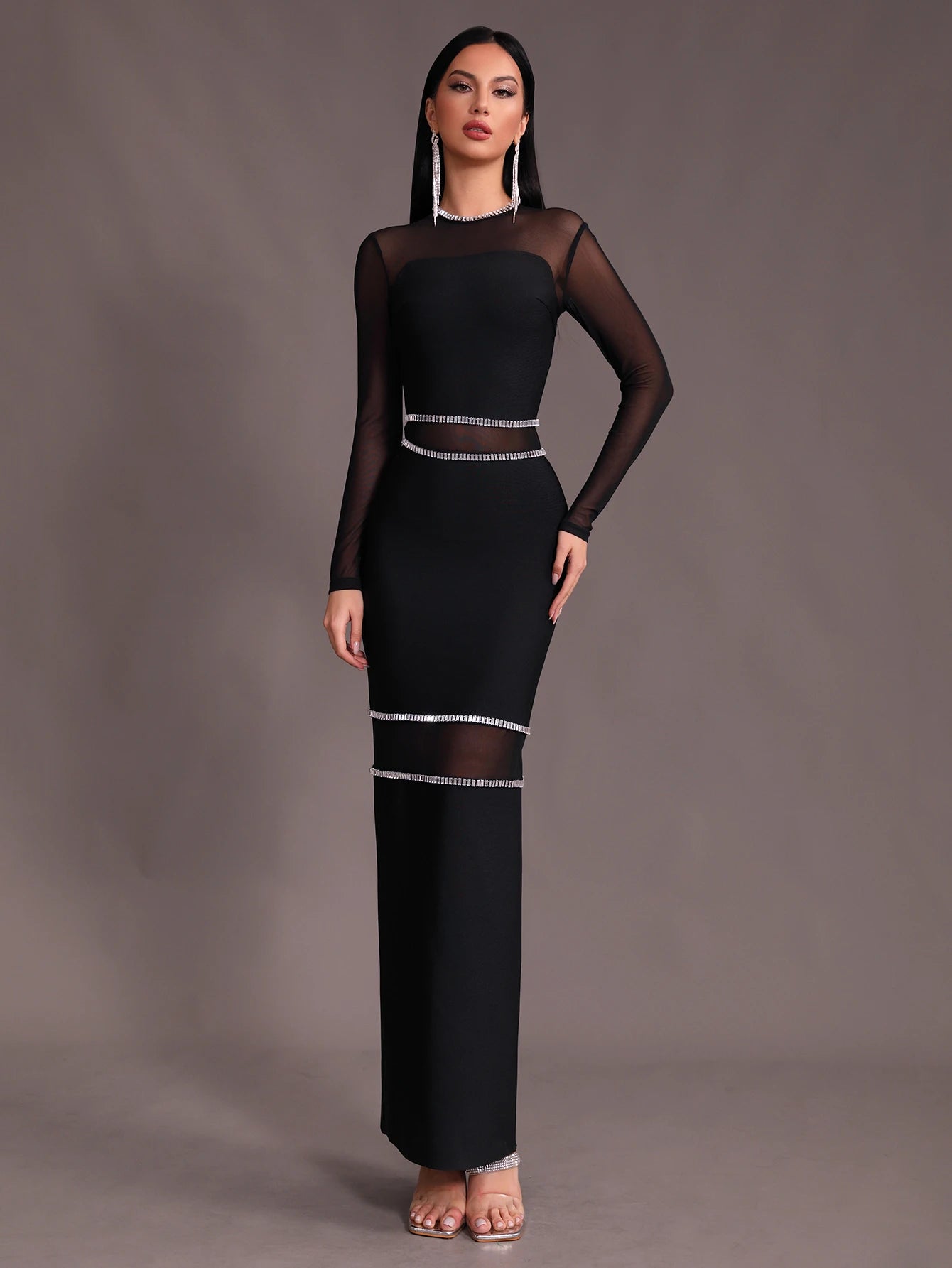 O-Neck Mesh Diamond Decor Tight Bandage Maxi Dress