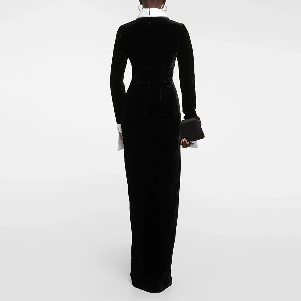 Long sleeve Polo Turn Down Collar Front Split Velvet Maxi Dress