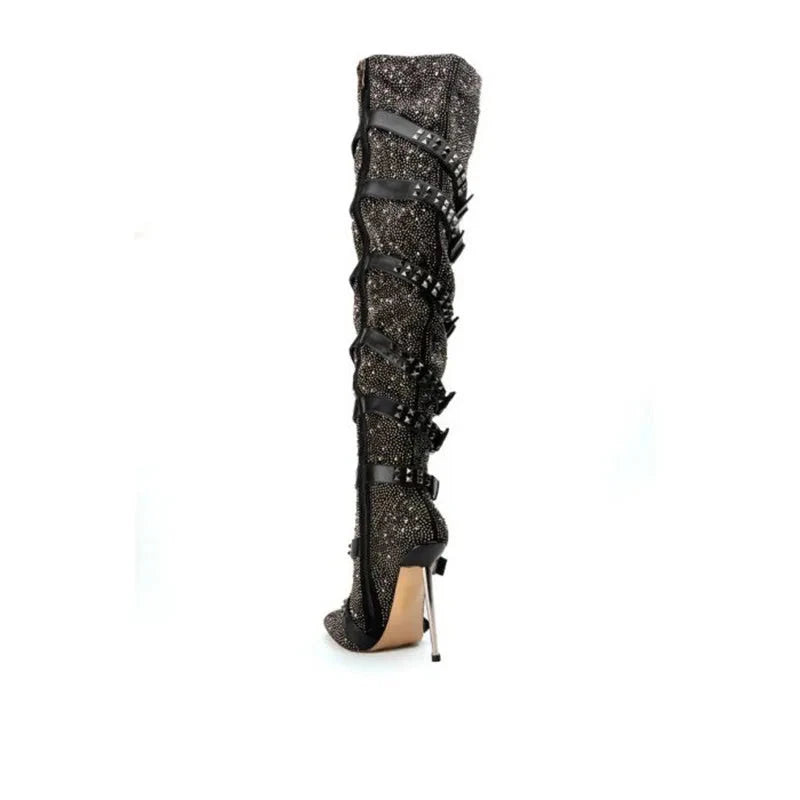 Rhinestone Rivet Buckle Strap Thigh High Heel Over The Knee Boots