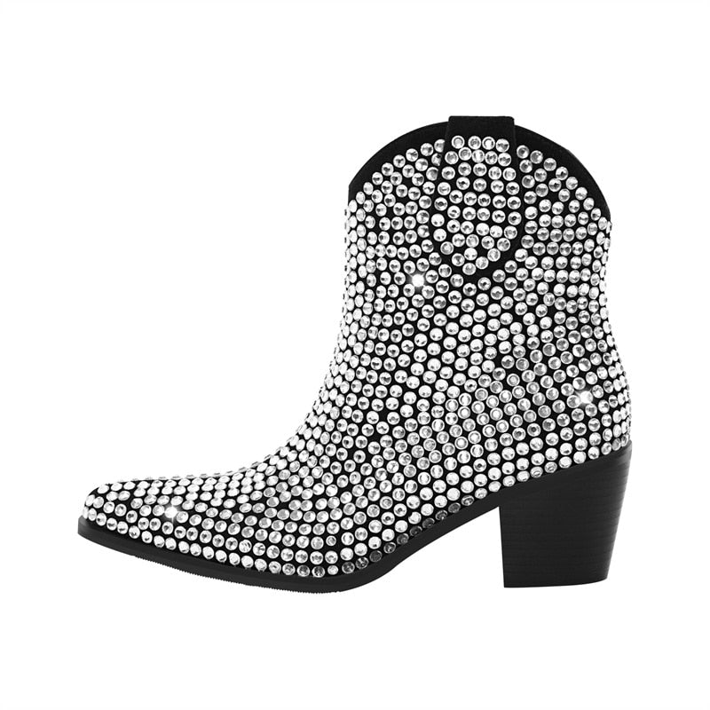 Pointed Toe Rhinestone Glitter Bling Diamond Ankle Boots