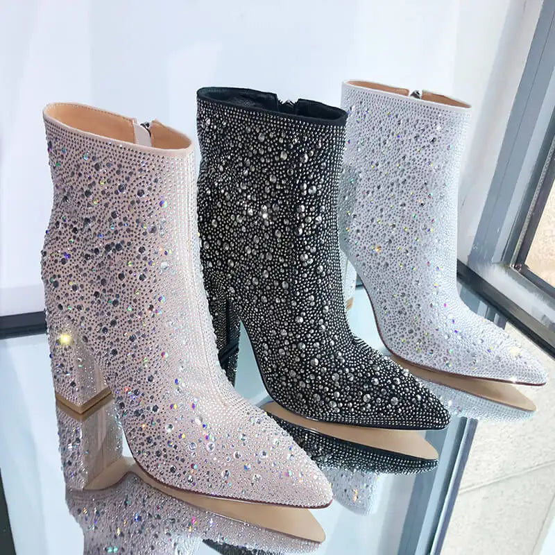 Pointed Toe Silver Rhinestone Glitter Bling Shiny Ankle Boots