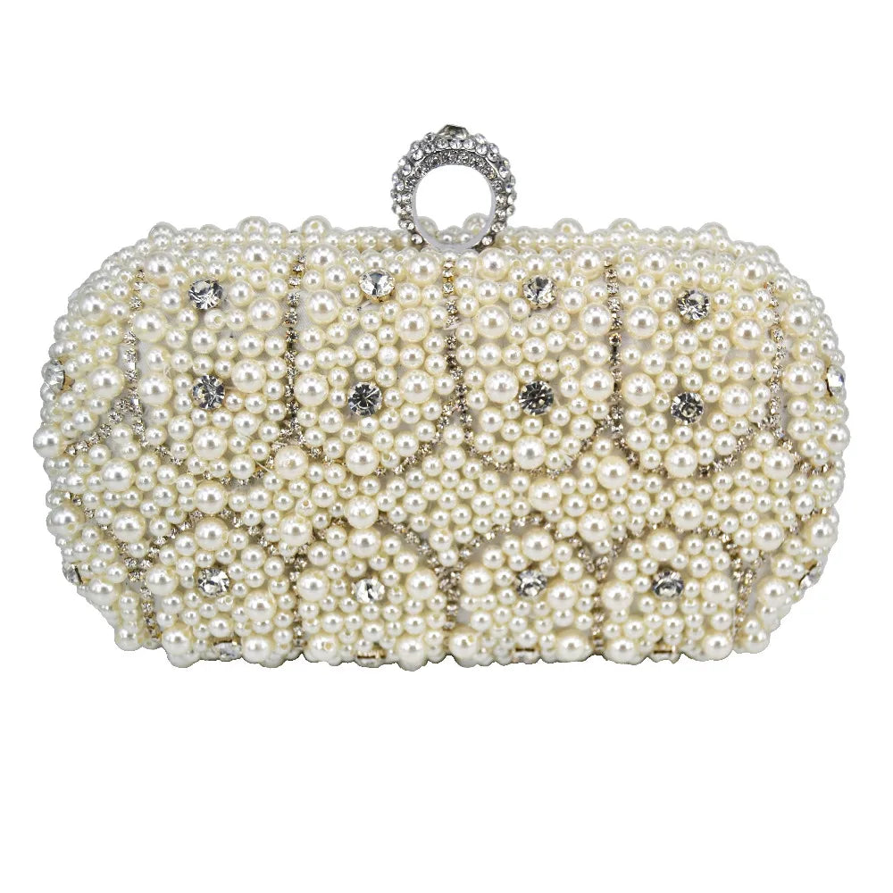 Pearl Finger Ring Clutch Beaded Chain Evening Clutch Bags