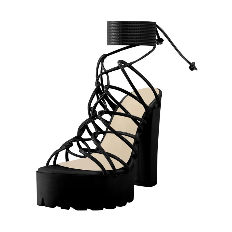 Lace Up Cross-Tied Soft PU Leather Strap High Heel Platform Sandals