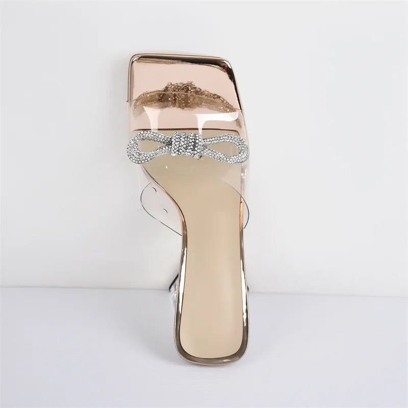 PVC Crystal Butterfly-knot Decor Slip on Square Peep Toe Sandals
