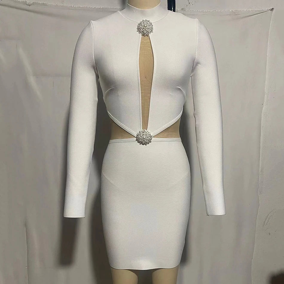 Long Sleeve Hollow Out Diamonds Crystal Mini Bandage Dress