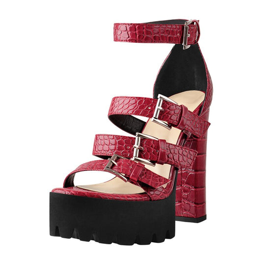 Ankle Strap Multiple Buckle Band Chunky Heels Sandals