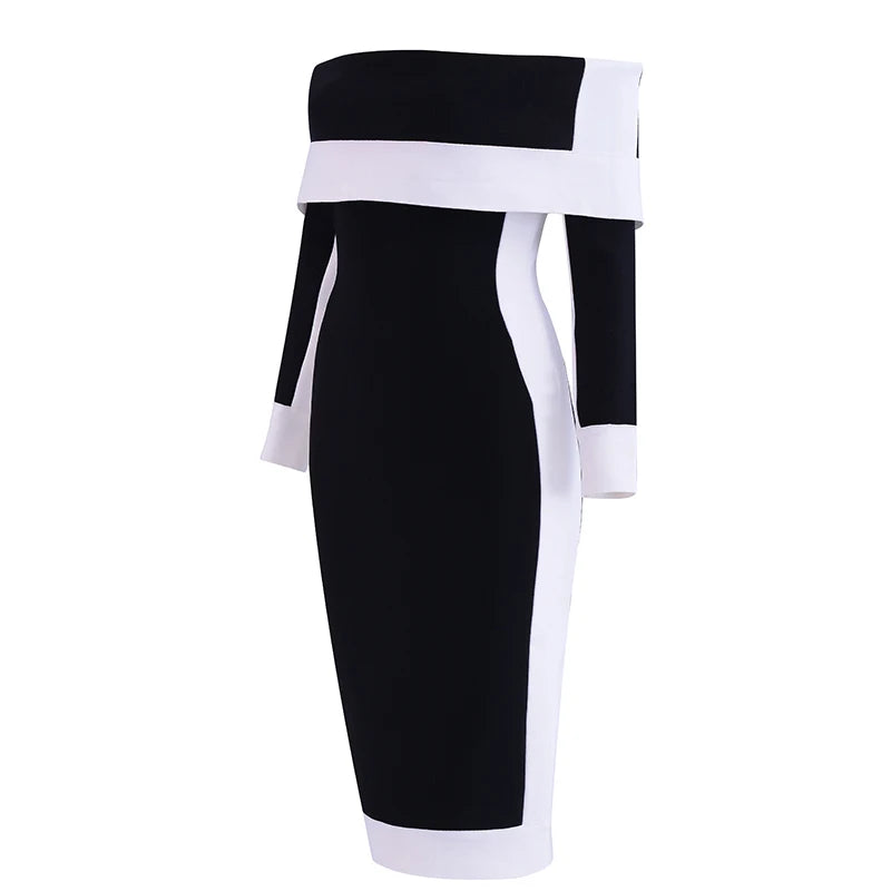 Black White Off The Long Sleeve Slash Neck Mid Bandage Dress