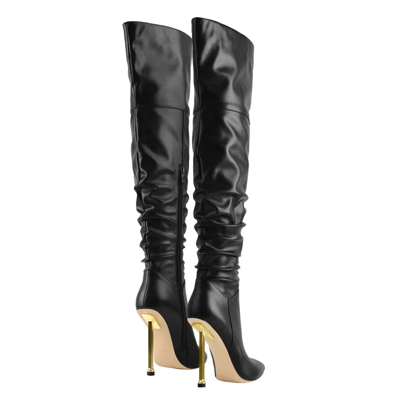 Pointed Toe Metal Heel Side Zip Over The Knee High Boots