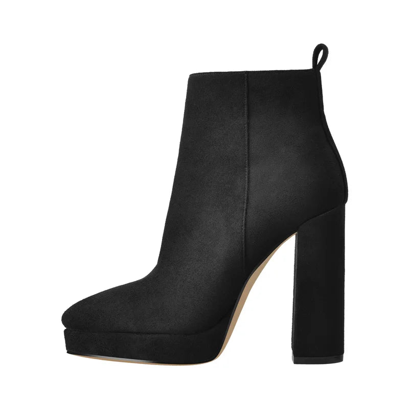 Pointed Toe Side Zipper Low Platform High Heels Ankle Boots