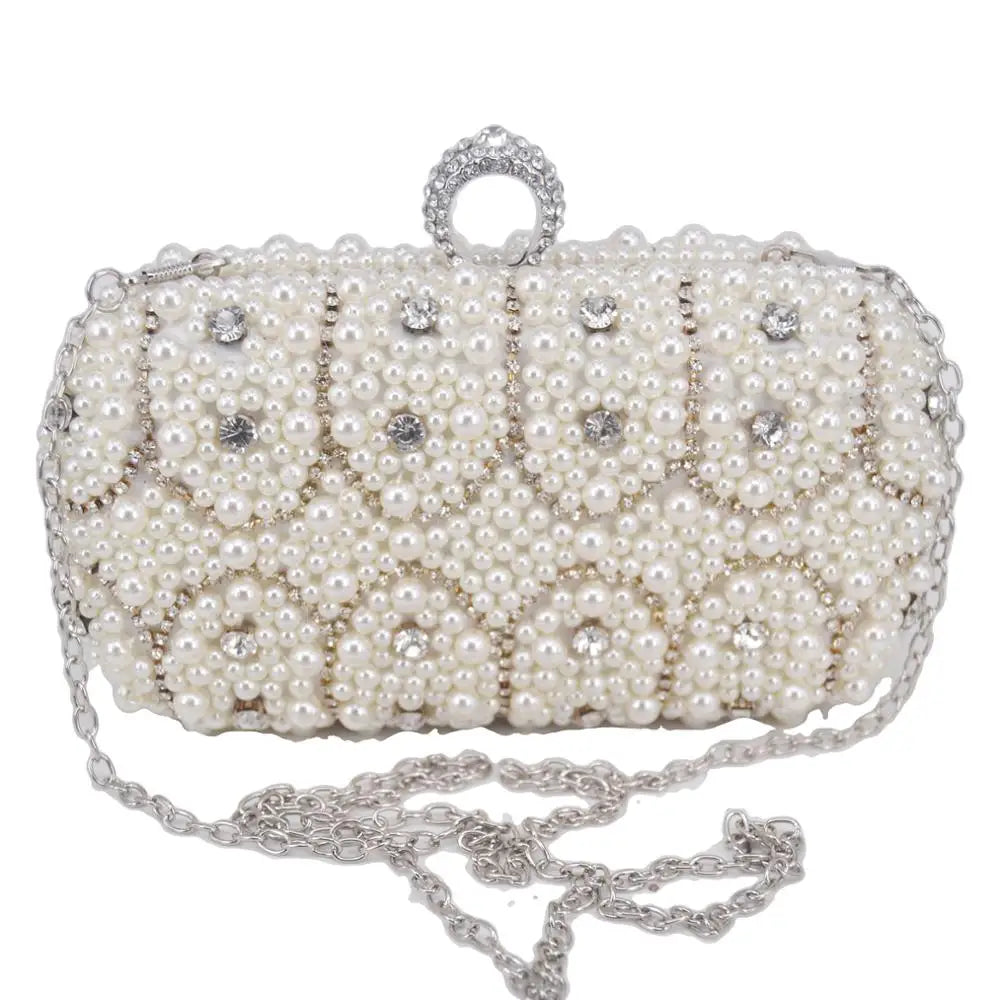 Pearl Finger Ring Clutch Beaded Chain Evening Clutch Bags