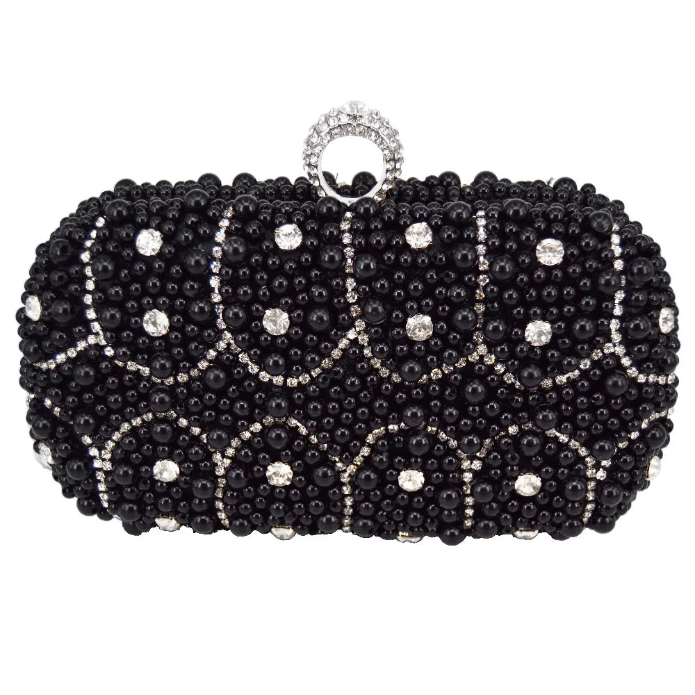 Pearl Finger Ring Clutch Beaded Chain Evening Clutch Bags