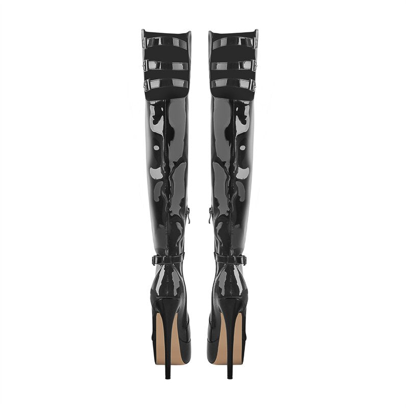 Buckles Hollow High Heel Side Zipper Platform Over The Knee Boots