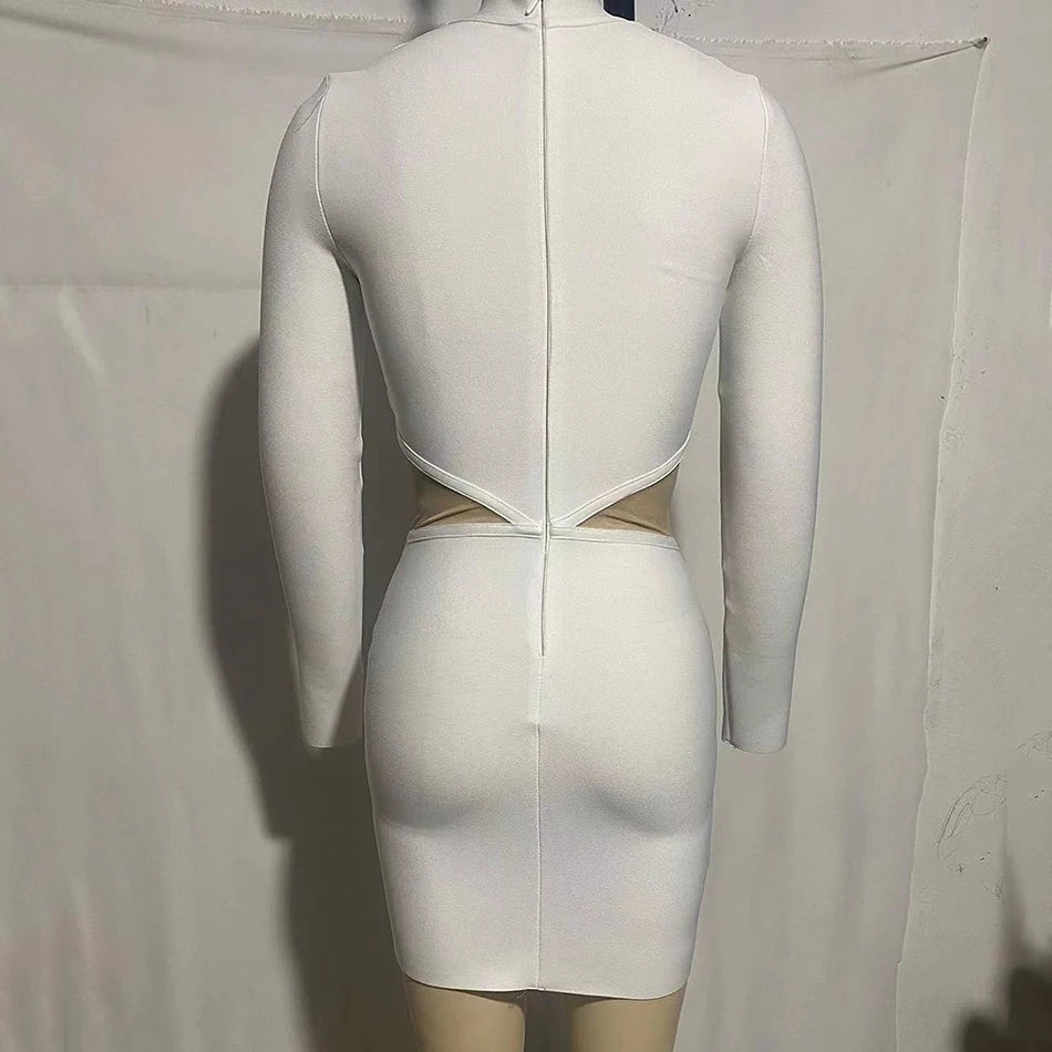 Long Sleeve Hollow Out Diamonds Crystal Mini Bandage Dress