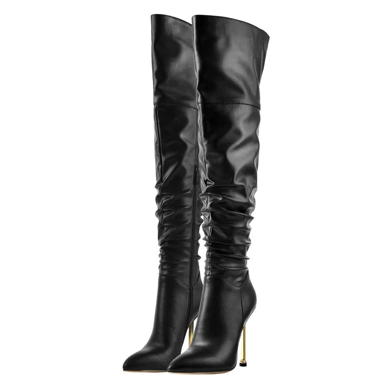 Pointed Toe Metal Heel Side Zip Over The Knee High Boots