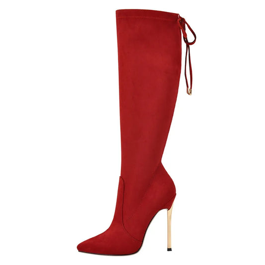 Flock Pointed Toe Side Zip Metal High Heel Stretch Over The Knee Boots