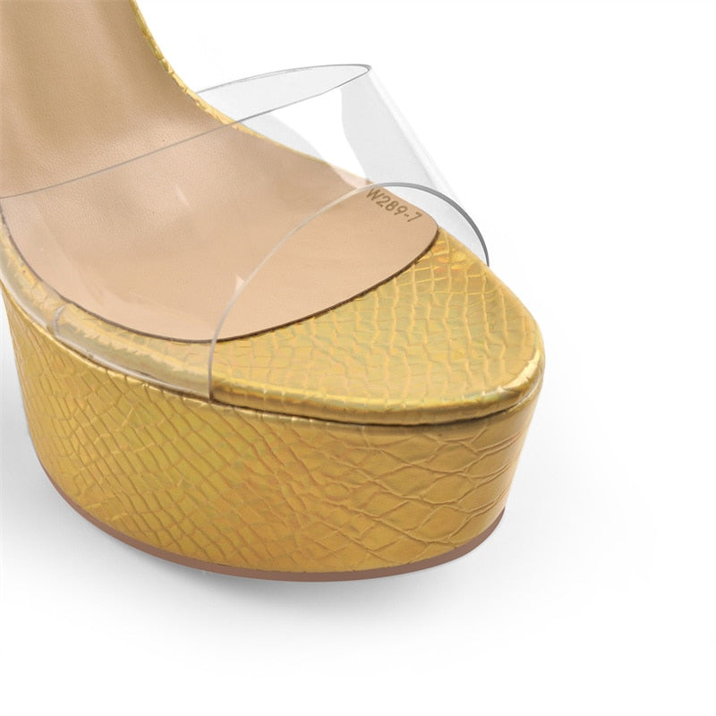 PVC Platform Slip-On Print Clear Metal High Heel Sandals