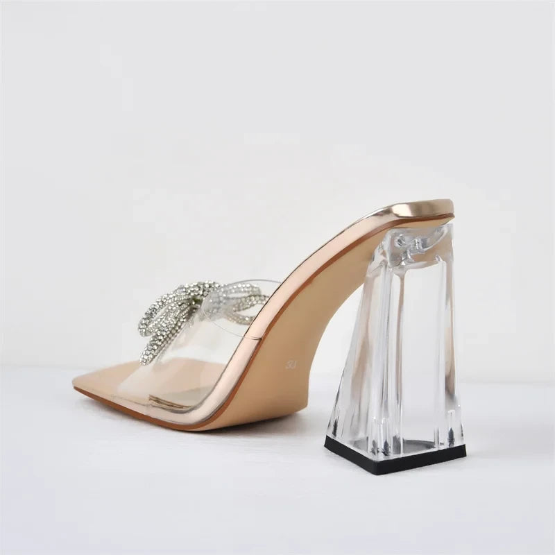 PVC Crystal Butterfly-knot Decor Slip on Square Peep Toe Sandals