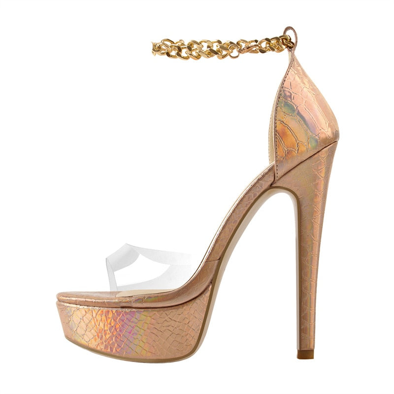 Patent Leather Thin High Heel ankle Metal Chain Print PVC Sandals