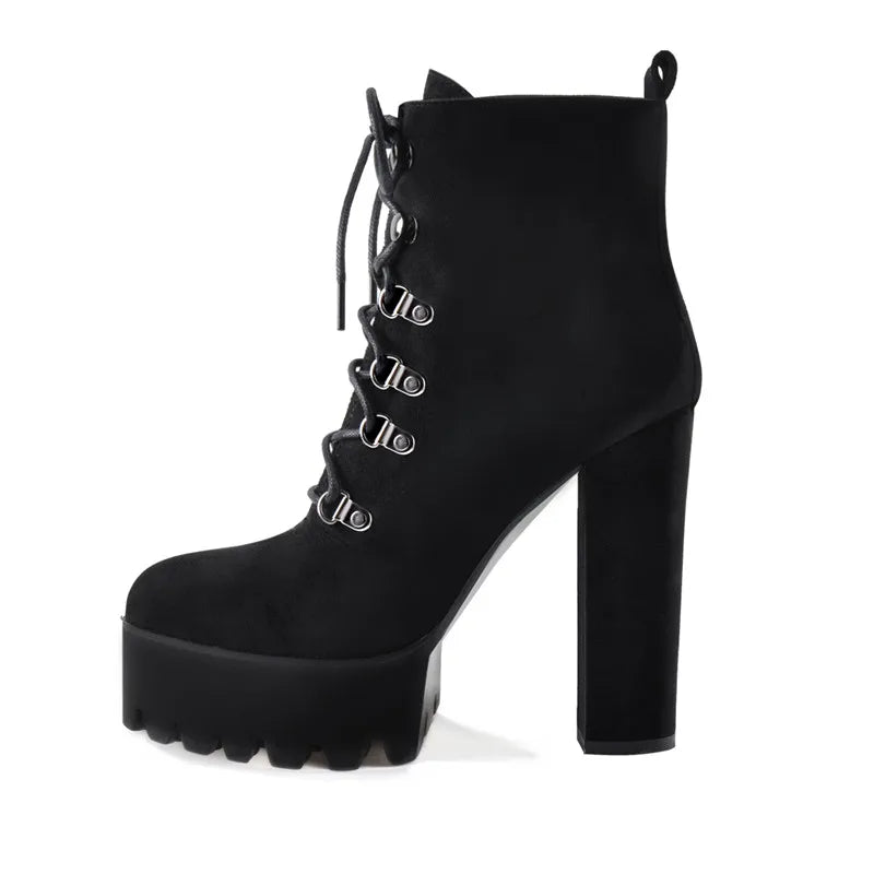 Platform Thick High Heel Buckle Strap Flock Ankle Boots