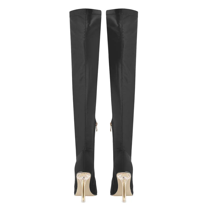 Pointed Toe Satin Flock High Stretch Metal High Heel Sock Over The Knee Boots