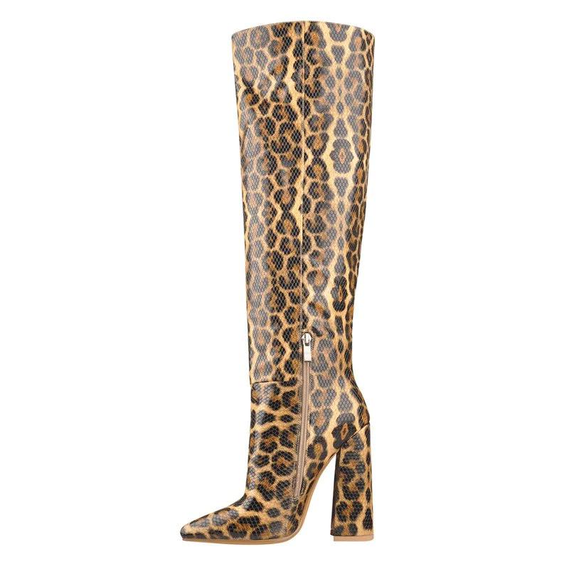 Leopard Zip Pull On Chunky High Heels Knee High Boots