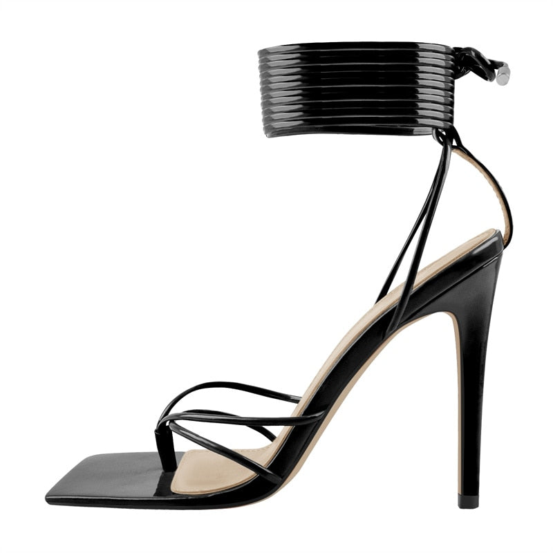 Lace-Up Patent Leather Ankle Strap High Heels Square Toe Sandals