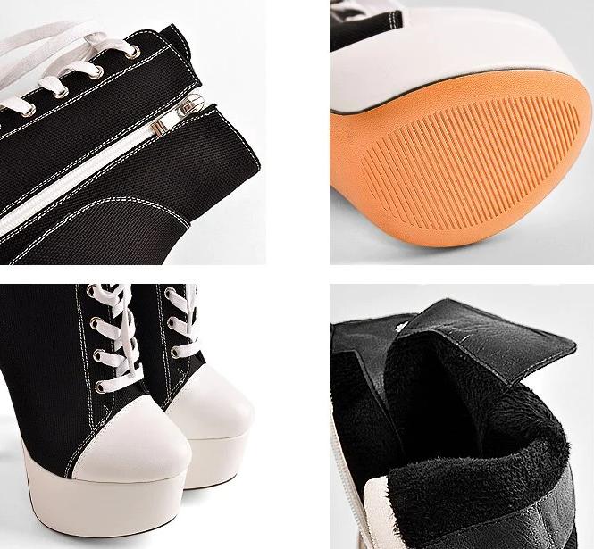 Canvas Platform Lace Up High Heel Side Zipper Ankle Boots