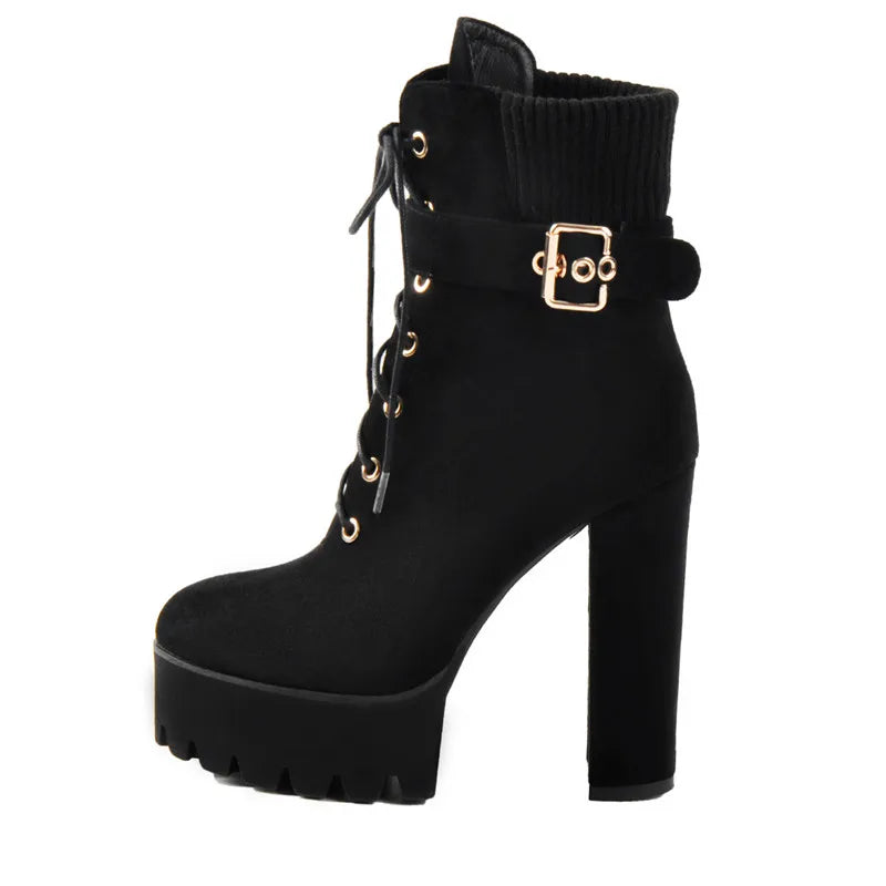 Platform Thick High Heel Buckle Strap Flock Ankle Boots