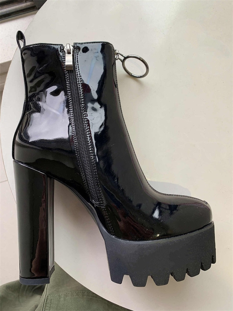 Patent Leather Platform Round Toe Chunky Heel Pull on Ankle Boots