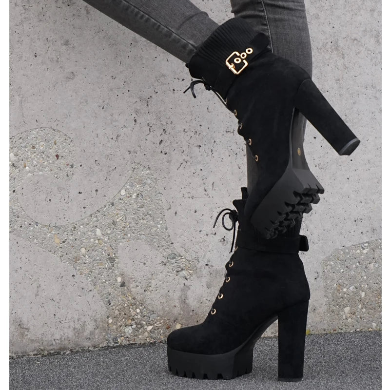 Platform Thick High Heel Buckle Strap Flock Ankle Boots