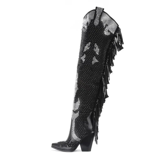 Rhinestone Crystal Fringe Chunky Heels Over The Knee Boots