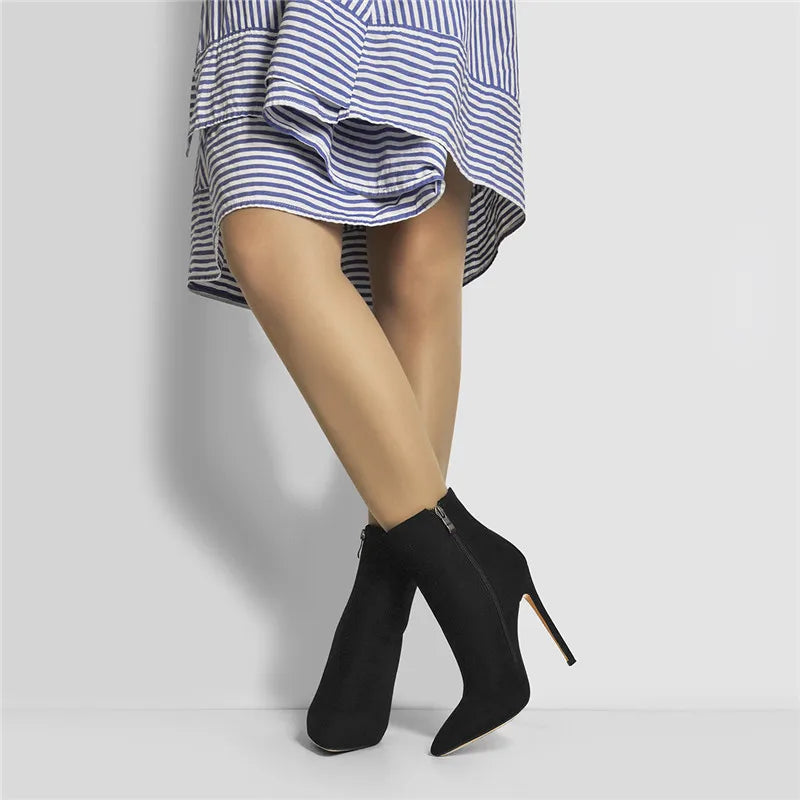 Flock Pointed Toe Side Zipper Thin High Heel Ankle Boots