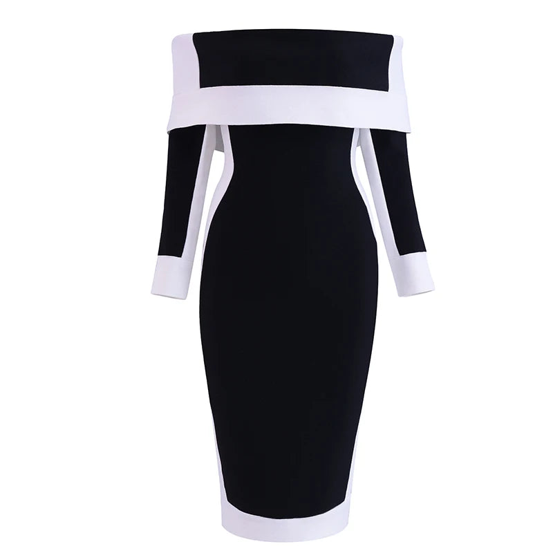 Black White Off The Long Sleeve Slash Neck Mid Bandage Dress