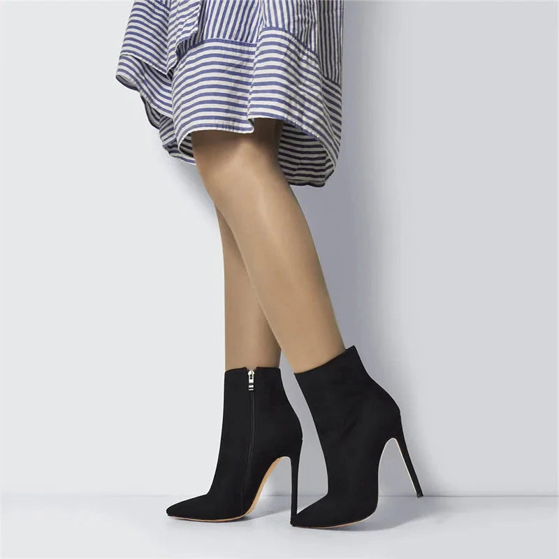 Flock Pointed Toe Side Zipper Thin High Heel Ankle Boots